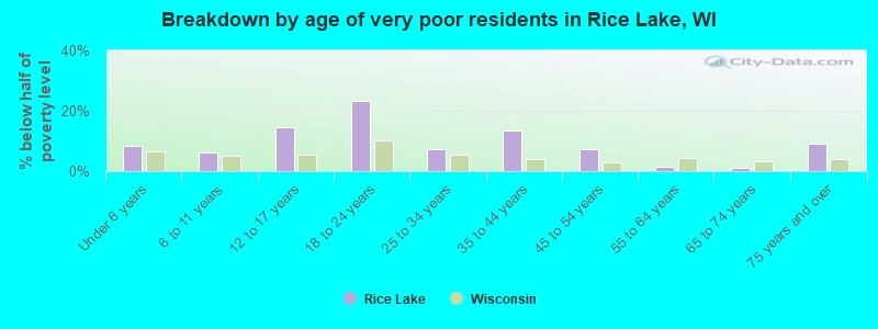 Breakdown by age of very poor residents in Rice Lake, WI