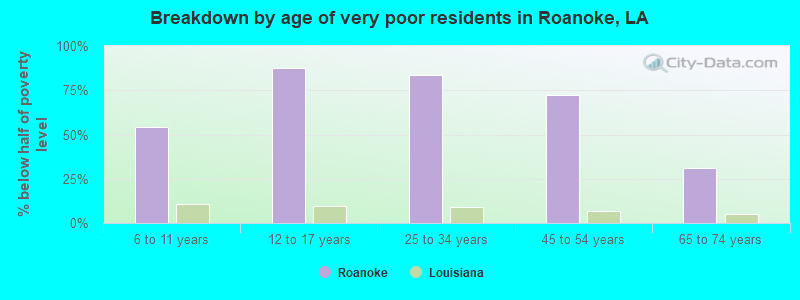 Breakdown by age of very poor residents in Roanoke, LA