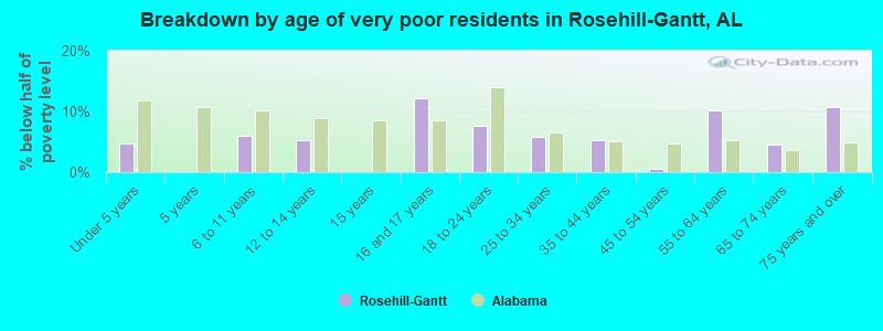 Breakdown by age of very poor residents in Rosehill-Gantt, AL