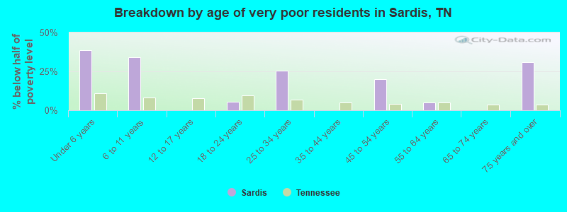 Breakdown by age of very poor residents in Sardis, TN