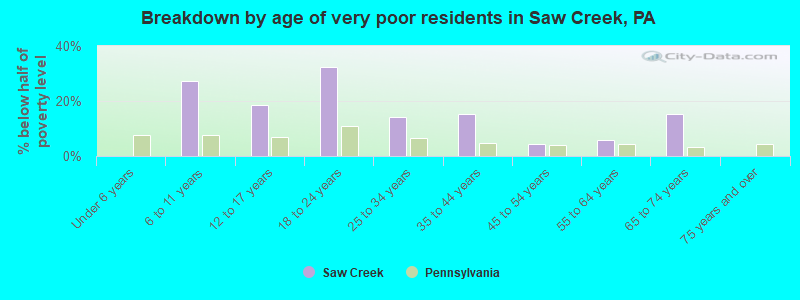 Breakdown by age of very poor residents in Saw Creek, PA
