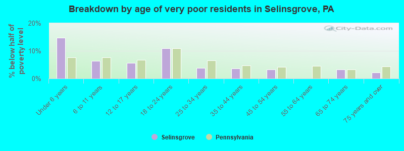 Breakdown by age of very poor residents in Selinsgrove, PA