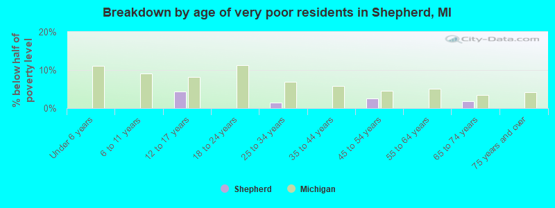 Breakdown by age of very poor residents in Shepherd, MI