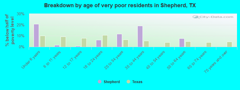 Breakdown by age of very poor residents in Shepherd, TX