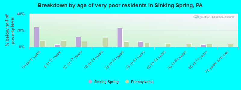 Breakdown by age of very poor residents in Sinking Spring, PA