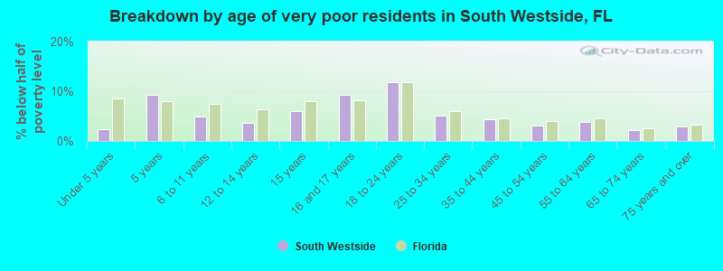 Breakdown by age of very poor residents in South Westside, FL