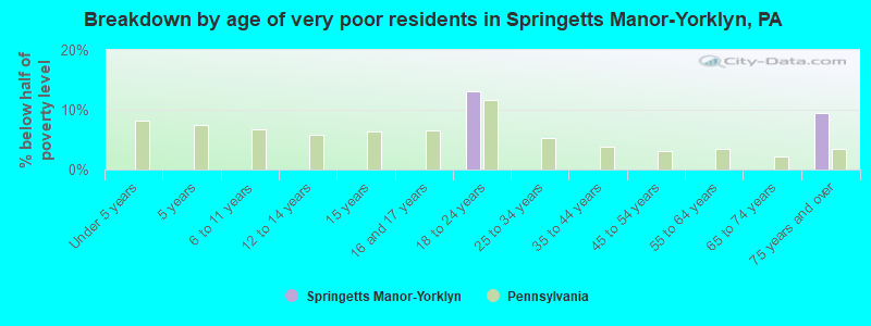 Breakdown by age of very poor residents in Springetts Manor-Yorklyn, PA