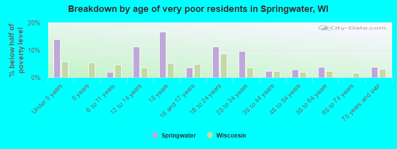 Breakdown by age of very poor residents in Springwater, WI