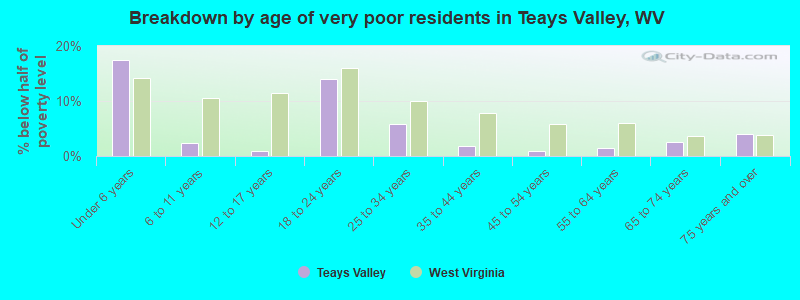 Breakdown by age of very poor residents in Teays Valley, WV