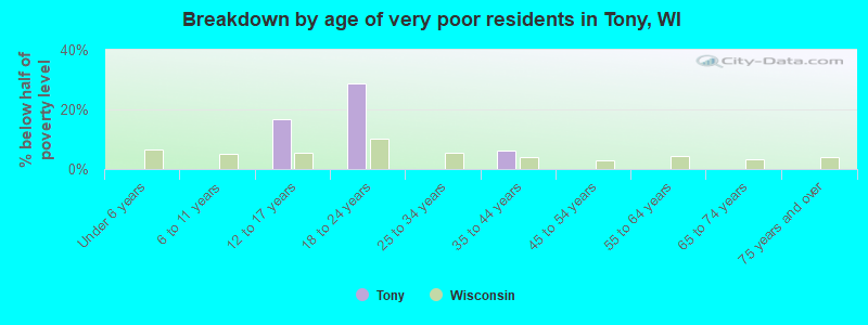 Breakdown by age of very poor residents in Tony, WI