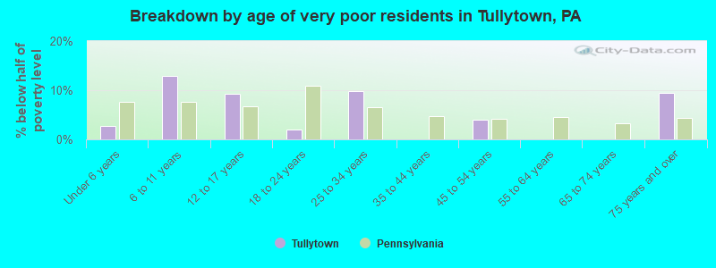 Breakdown by age of very poor residents in Tullytown, PA