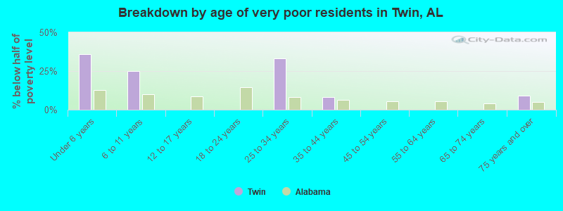 Breakdown by age of very poor residents in Twin, AL