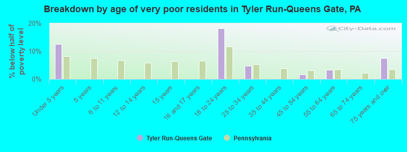 Breakdown by age of very poor residents in Tyler Run-Queens Gate, PA