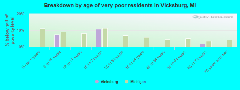 Breakdown by age of very poor residents in Vicksburg, MI