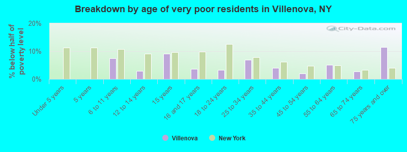 Breakdown by age of very poor residents in Villenova, NY