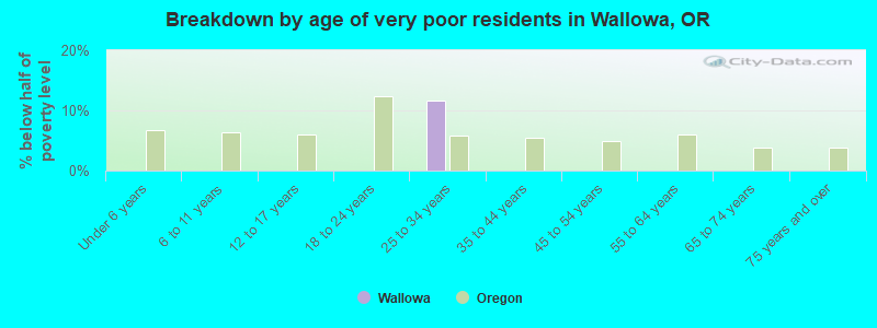 Breakdown by age of very poor residents in Wallowa, OR