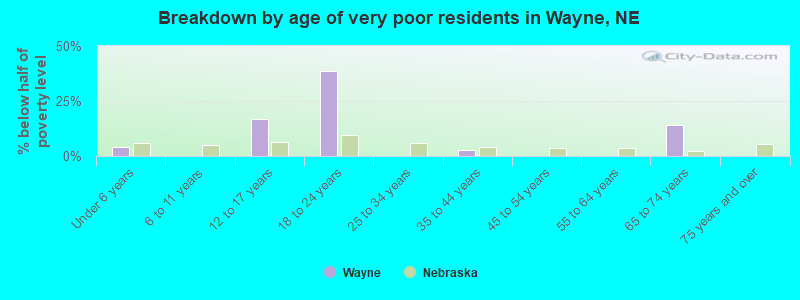 Breakdown by age of very poor residents in Wayne, NE