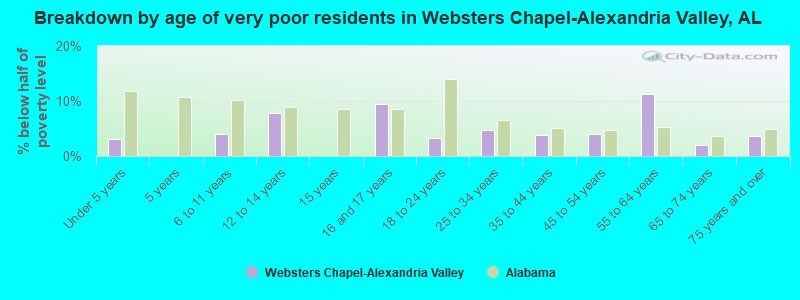 Breakdown by age of very poor residents in Websters Chapel-Alexandria Valley, AL