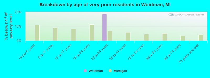 Breakdown by age of very poor residents in Weidman, MI