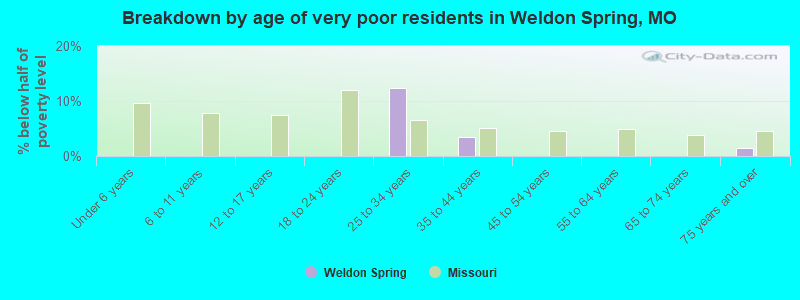 Breakdown by age of very poor residents in Weldon Spring, MO