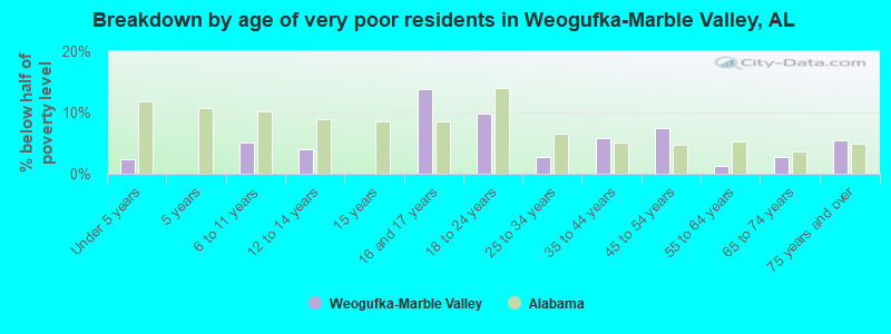 Breakdown by age of very poor residents in Weogufka-Marble Valley, AL