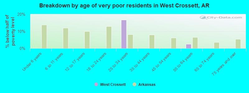 Breakdown by age of very poor residents in West Crossett, AR