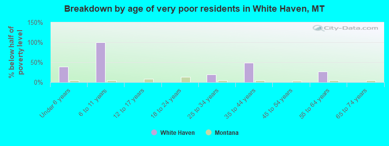 Breakdown by age of very poor residents in White Haven, MT