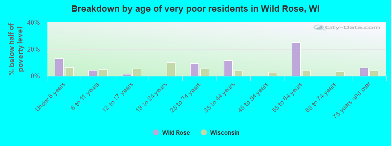 Breakdown by age of very poor residents in Wild Rose, WI