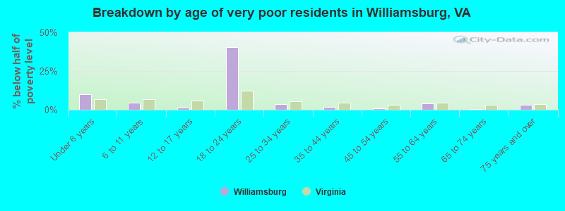 Breakdown by age of very poor residents in Williamsburg, VA