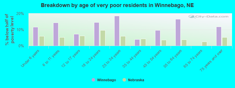 Breakdown by age of very poor residents in Winnebago, NE