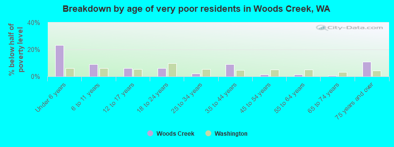 Breakdown by age of very poor residents in Woods Creek, WA