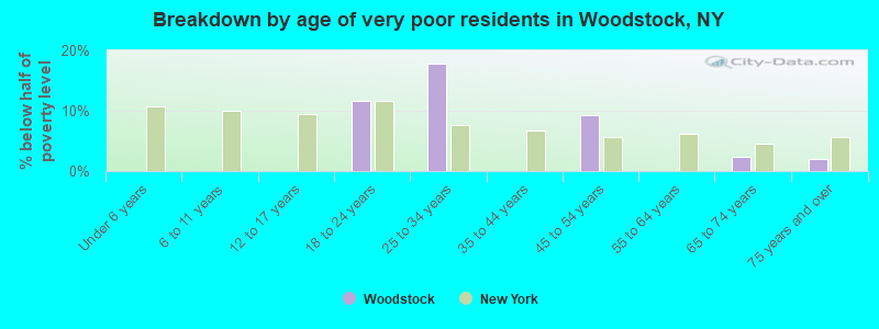 Breakdown by age of very poor residents in Woodstock, NY