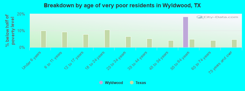 Breakdown by age of very poor residents in Wyldwood, TX