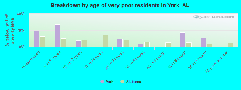 Breakdown by age of very poor residents in York, AL