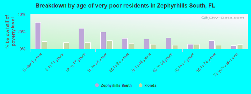 Breakdown by age of very poor residents in Zephyrhills South, FL