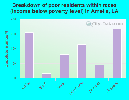 Breakdown of poor residents within races (income below poverty level) in Amelia, LA