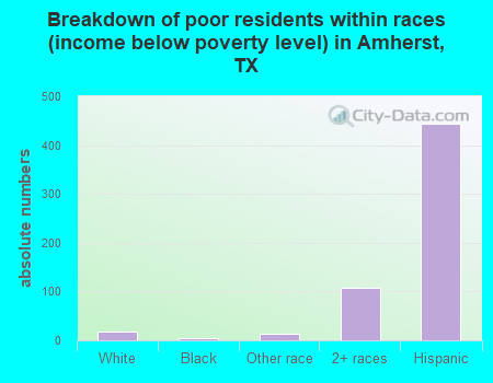 Breakdown of poor residents within races (income below poverty level) in Amherst, TX
