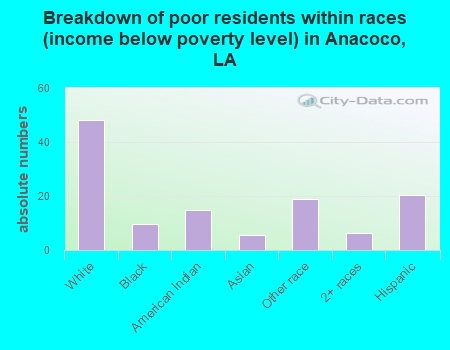 Breakdown of poor residents within races (income below poverty level) in Anacoco, LA