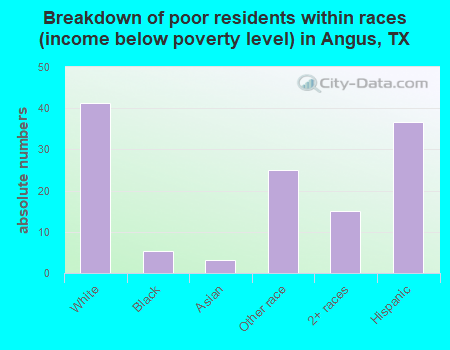 Breakdown of poor residents within races (income below poverty level) in Angus, TX