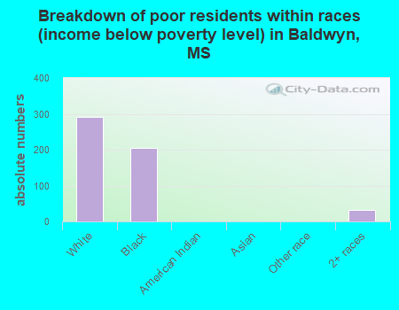 Breakdown of poor residents within races (income below poverty level) in Baldwyn, MS