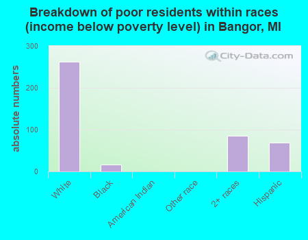 Breakdown of poor residents within races (income below poverty level) in Bangor, MI