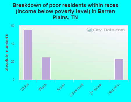 Breakdown of poor residents within races (income below poverty level) in Barren Plains, TN
