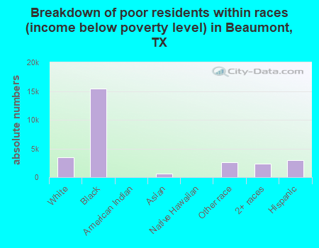 Breakdown of poor residents within races (income below poverty level) in Beaumont, TX