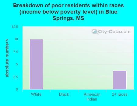 Breakdown of poor residents within races (income below poverty level) in Blue Springs, MS