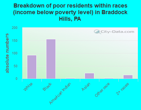 Breakdown of poor residents within races (income below poverty level) in Braddock Hills, PA