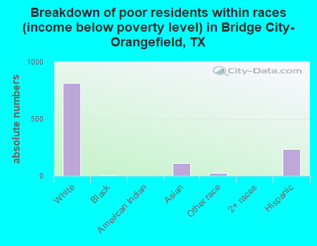 Breakdown of poor residents within races (income below poverty level) in Bridge City-Orangefield, TX