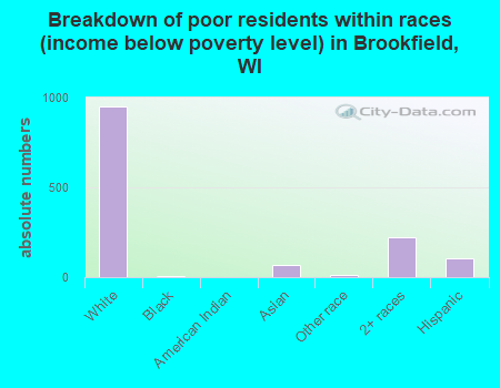 Breakdown of poor residents within races (income below poverty level) in Brookfield, WI