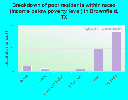 Breakdown of poor residents within races (income below poverty level) in Brownfield, TX
