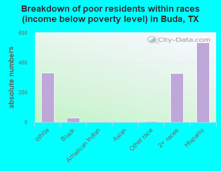 Breakdown of poor residents within races (income below poverty level) in Buda, TX