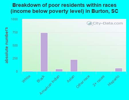 Breakdown of poor residents within races (income below poverty level) in Burton, SC